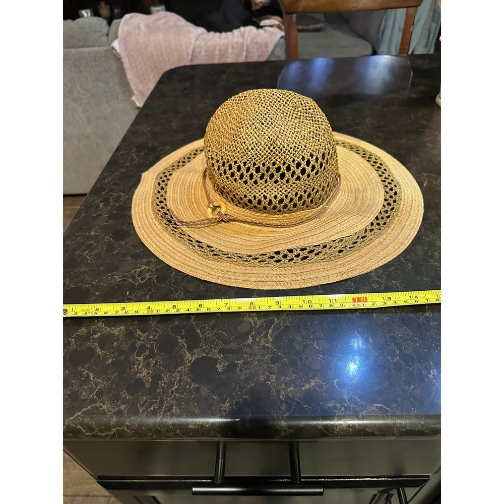 Woven Straw Sun Hat Wide Brim Tan Beach Garden Summer Open Weave Ventilated Hat